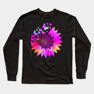 Rainbow Hot Pink Holographic, Sunflower Butterfly, Boho Mandala Inspired Long Sleeve T-Shirt